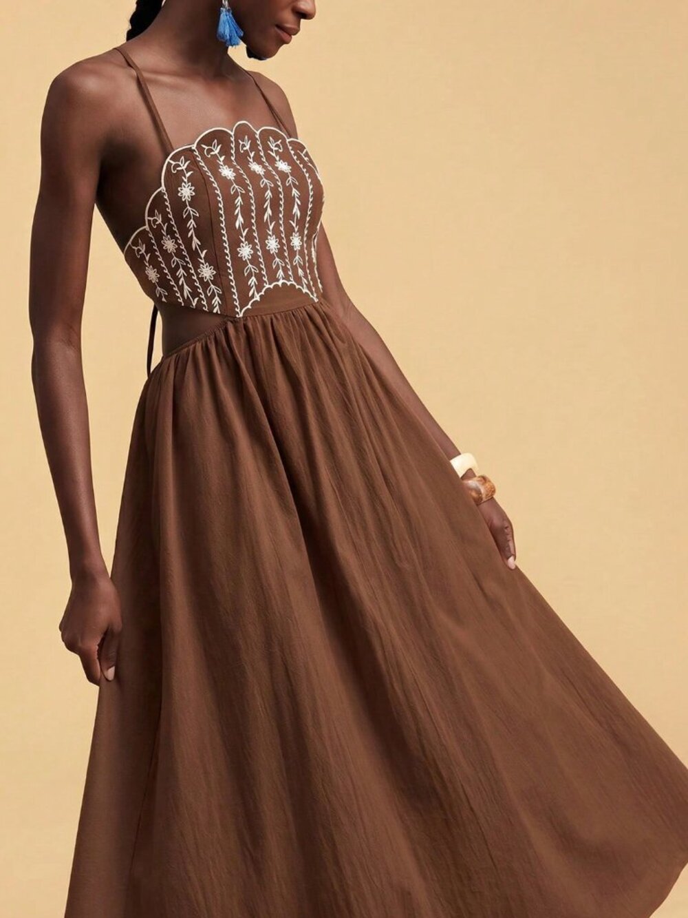 Brown Boho Women's Backless Camisole Dress with Embroidery